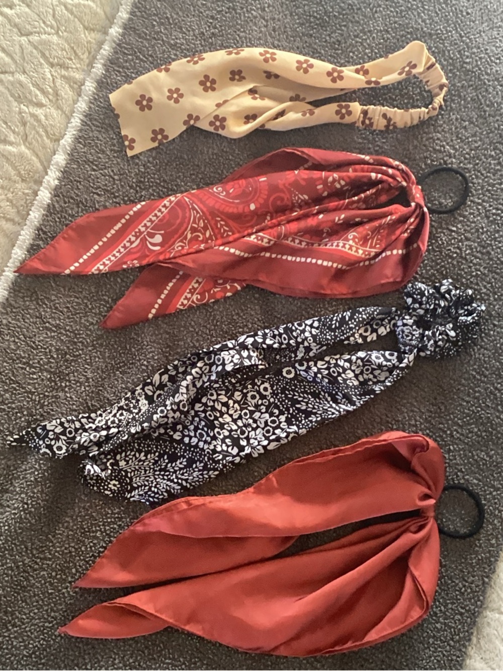 & Other Stories Red, Black, Cream Floral and Paisley Scarf Hair Ties (4-Pack)